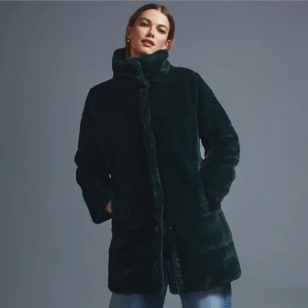 Anthropologie NVLT Faux Fur Shell Longline Coat Dark Green